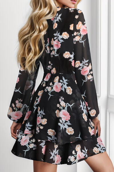 Kaitlin Printed Surplice Balloon Sleeve Mini Dress