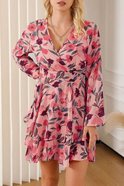 Kaitlin Printed Surplice Balloon Sleeve Mini Dress