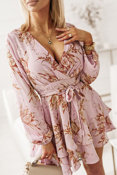 Kaitlin Printed Surplice Balloon Sleeve Mini Dress