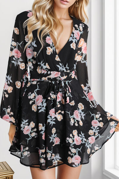 Kaitlin Printed Surplice Balloon Sleeve Mini Dress