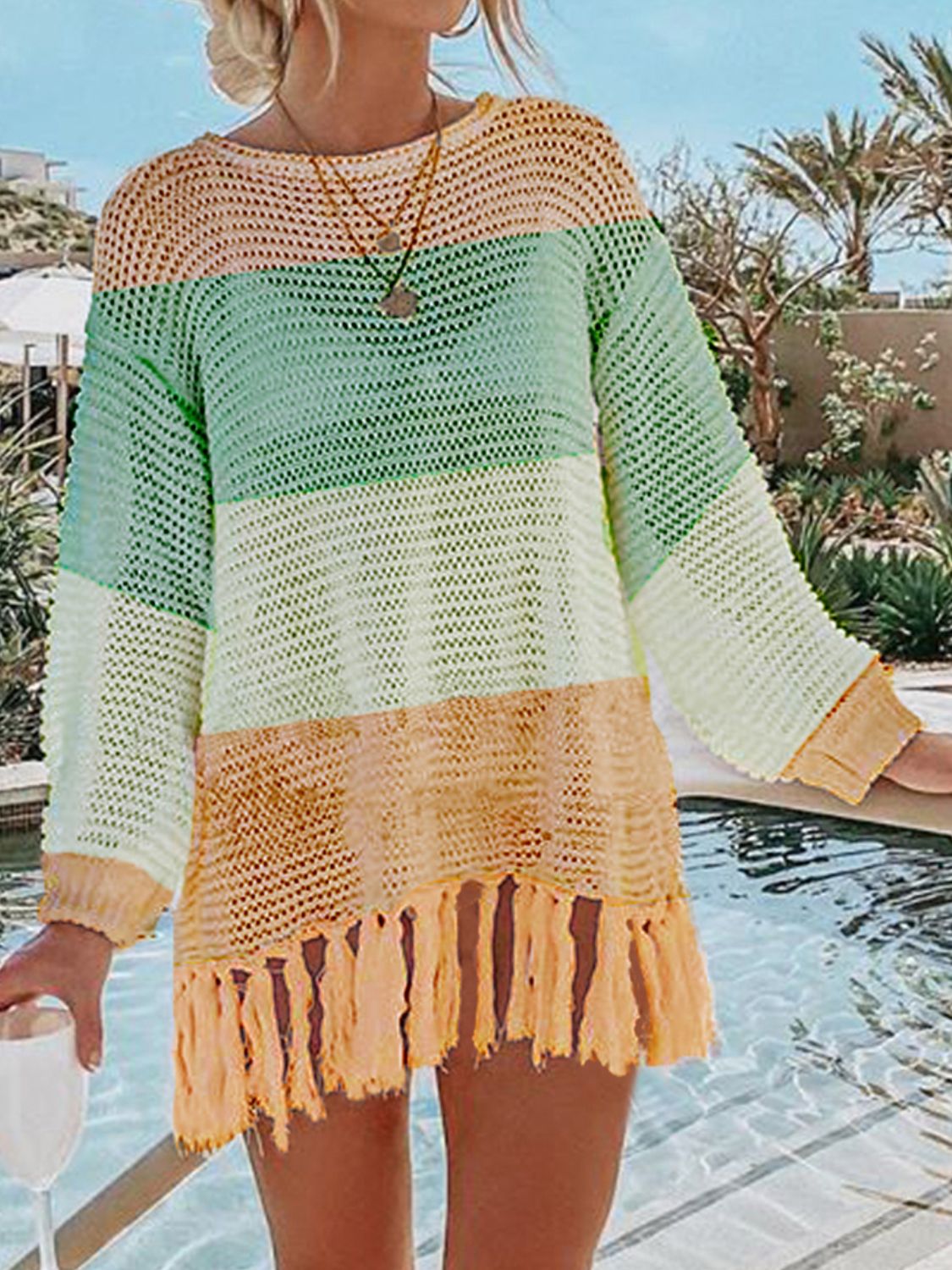 Tassel Hem Long Sleeve Knit Cover Up