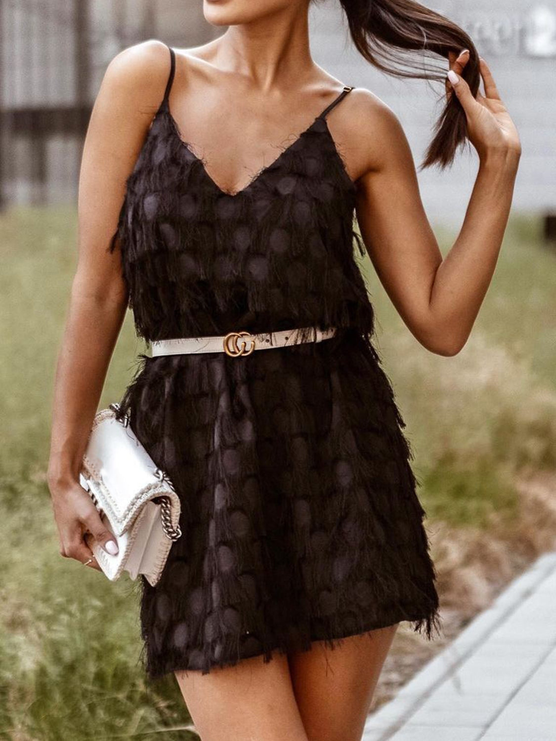 Fringe V-Neck Mini Dress