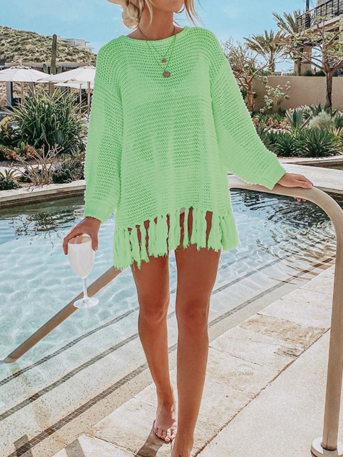 Tassel Hem Long Sleeve Knit Cover Up