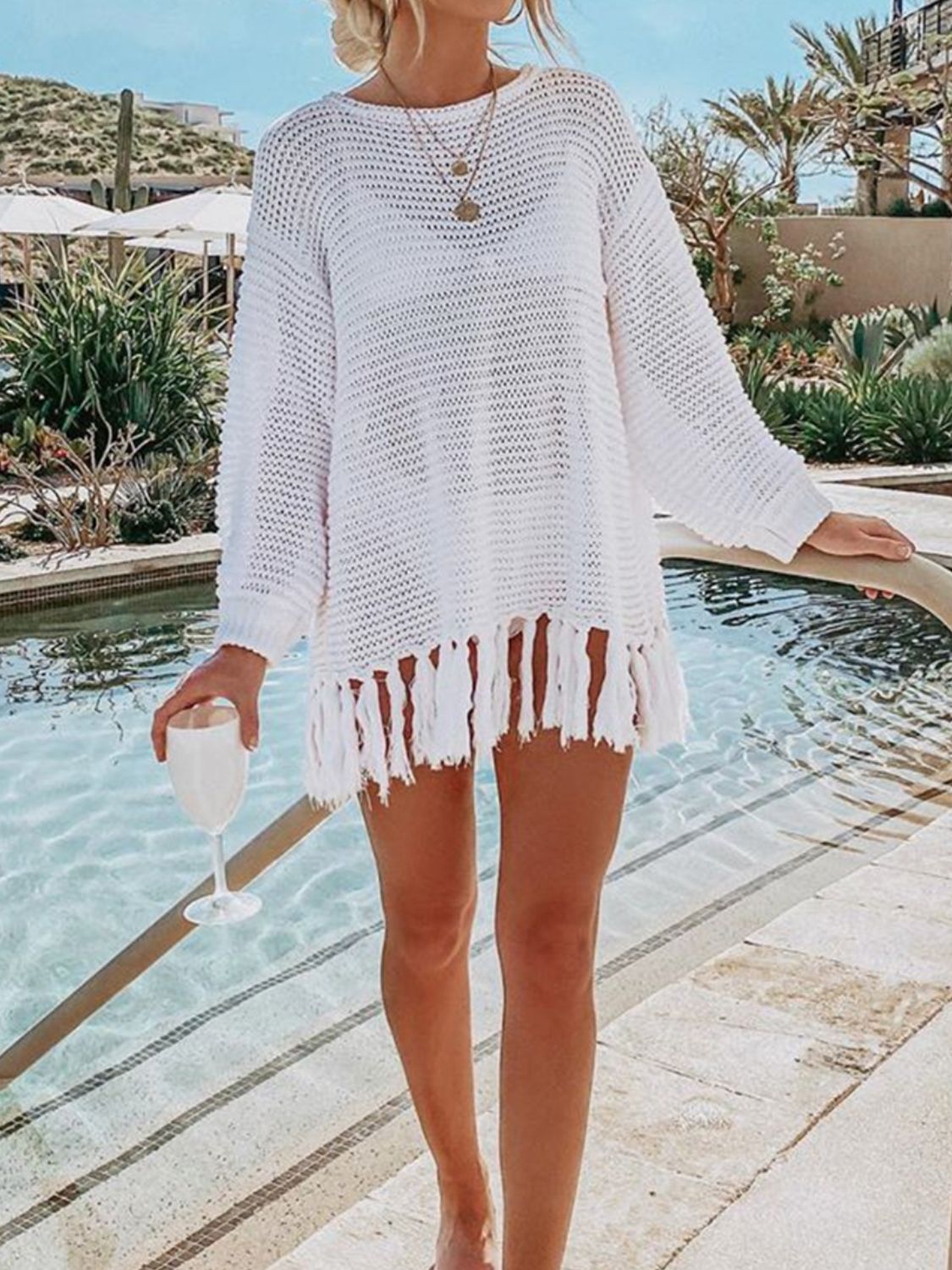 Tassel Hem Long Sleeve Knit Cover Up