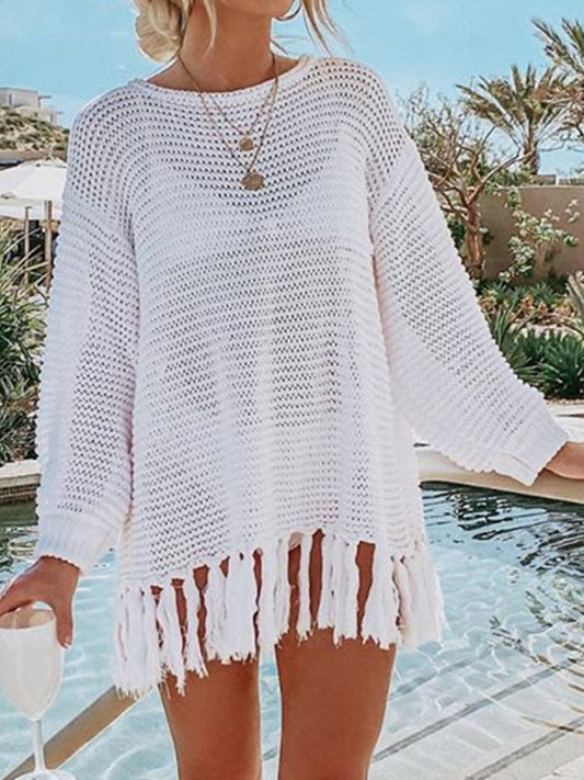 Tassel Hem Long Sleeve Knit Cover Up