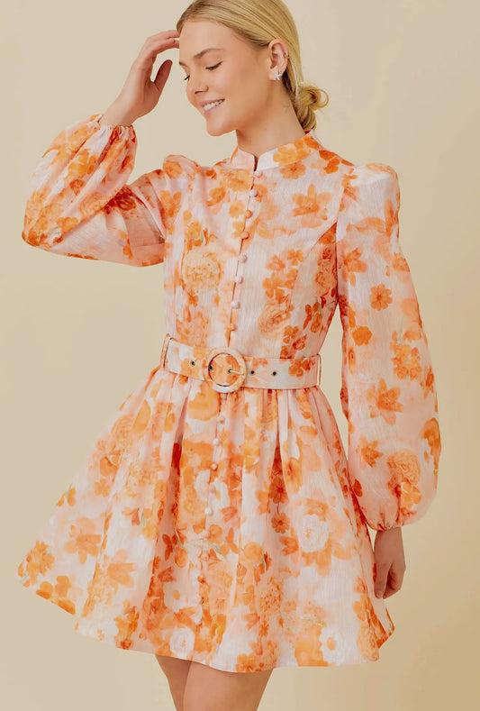 Beckett Belted Mini Dress in Orange Floral