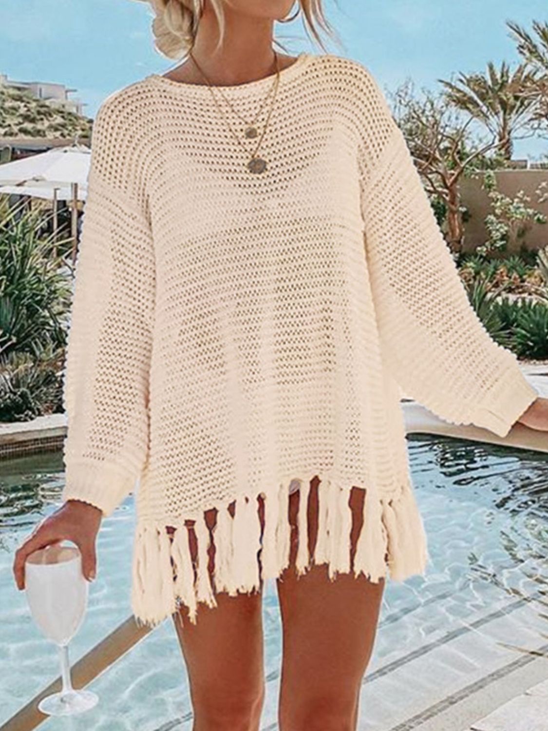 Tassel Hem Long Sleeve Knit Cover Up