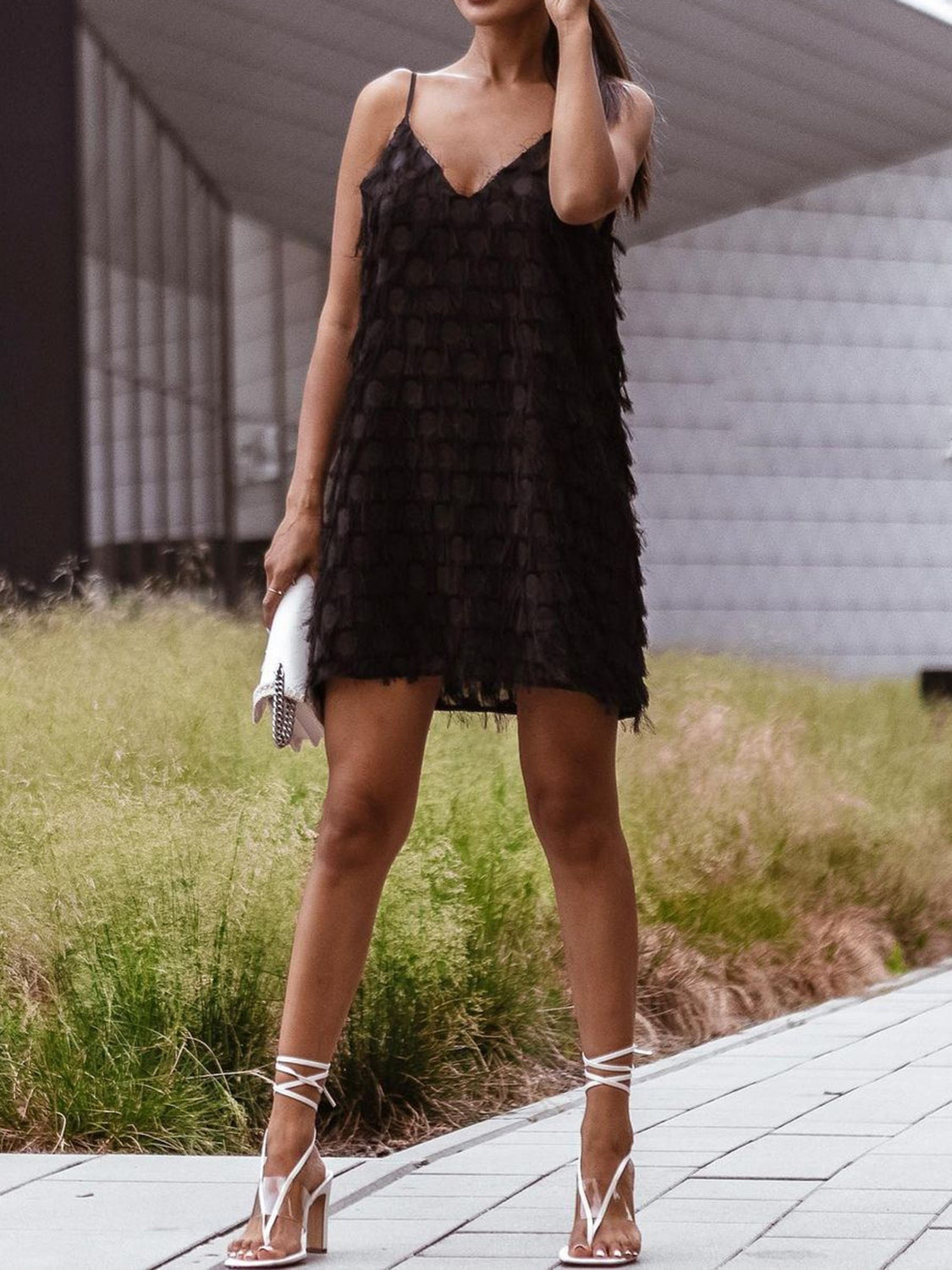 Fringe V-Neck Mini Dress