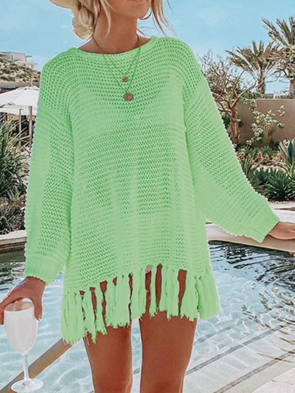 Tassel Hem Long Sleeve Knit Cover Up