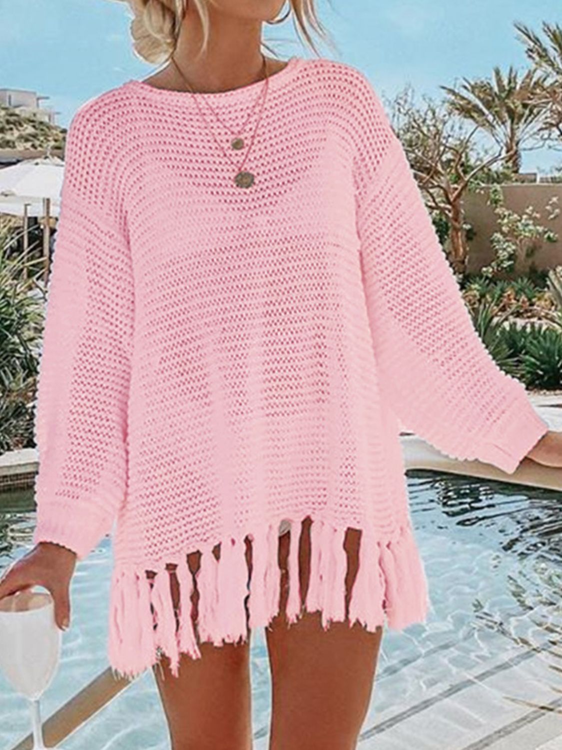 Tassel Hem Long Sleeve Knit Cover Up