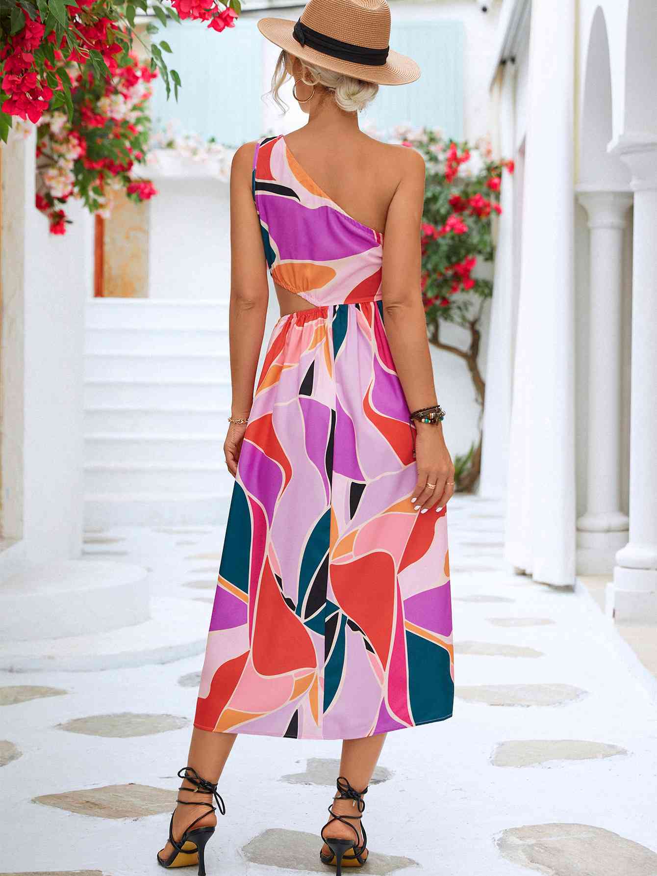 Grayson Printed Cutout One-Shoulder Sleeveless Midi Dress