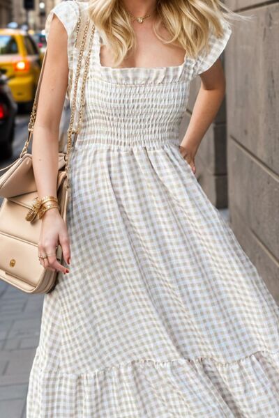 Cordelia Smocked Plaid Ruffle Maxi Dress