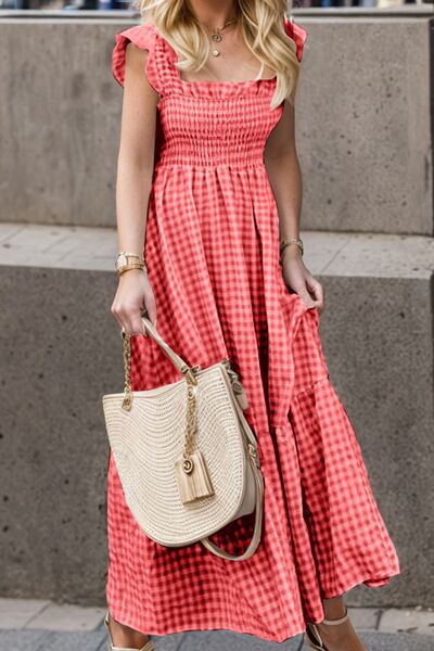Cordelia Smocked Plaid Ruffle Maxi Dress