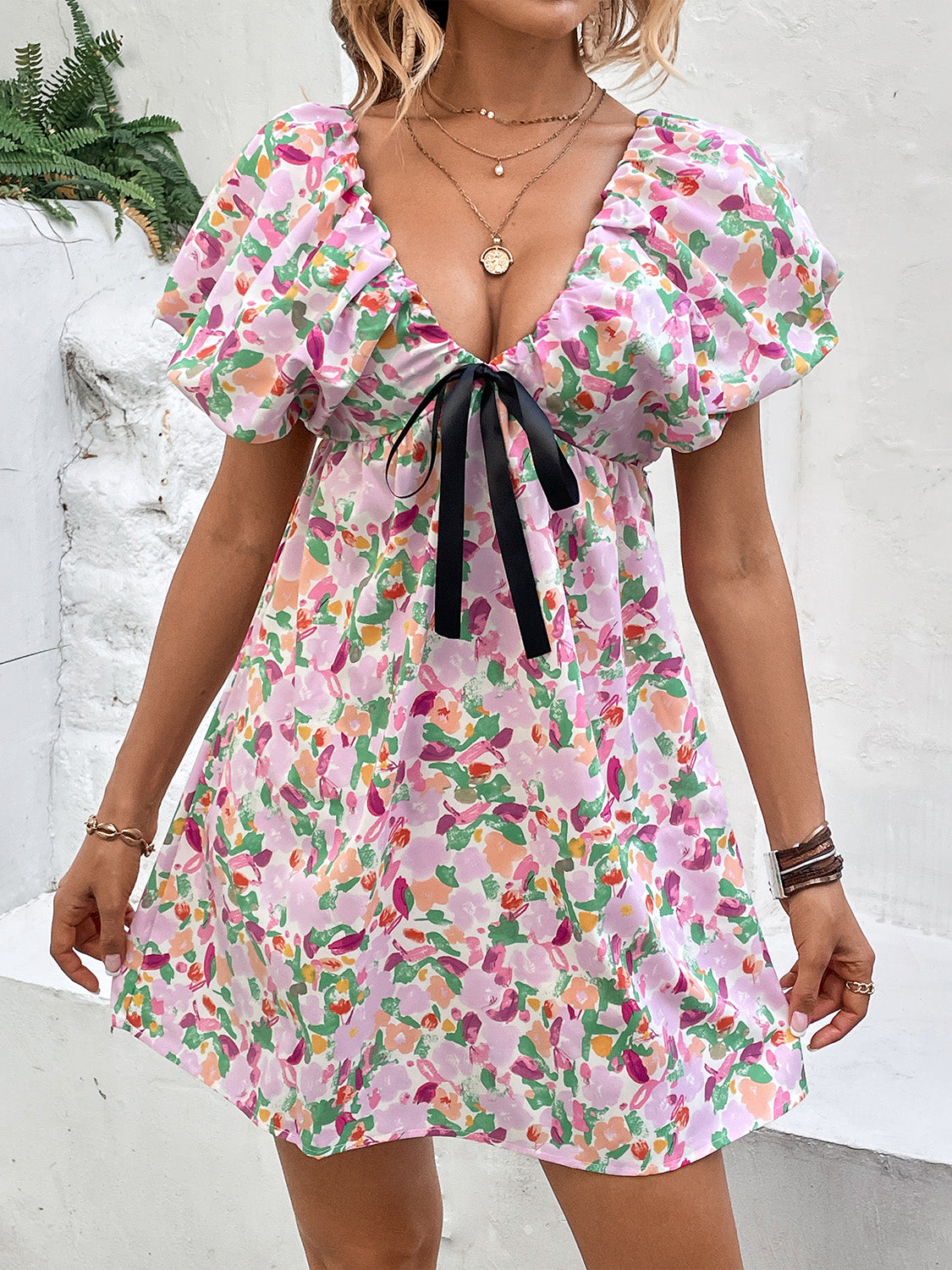 Printed V-Neck Puff Sleeve Mini Dress with Bow