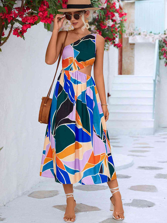 Grayson Printed Cutout One-Shoulder Sleeveless Midi Dress