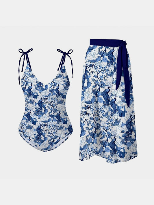 Tie Shoulder Swimwear and Skirt Swim Set