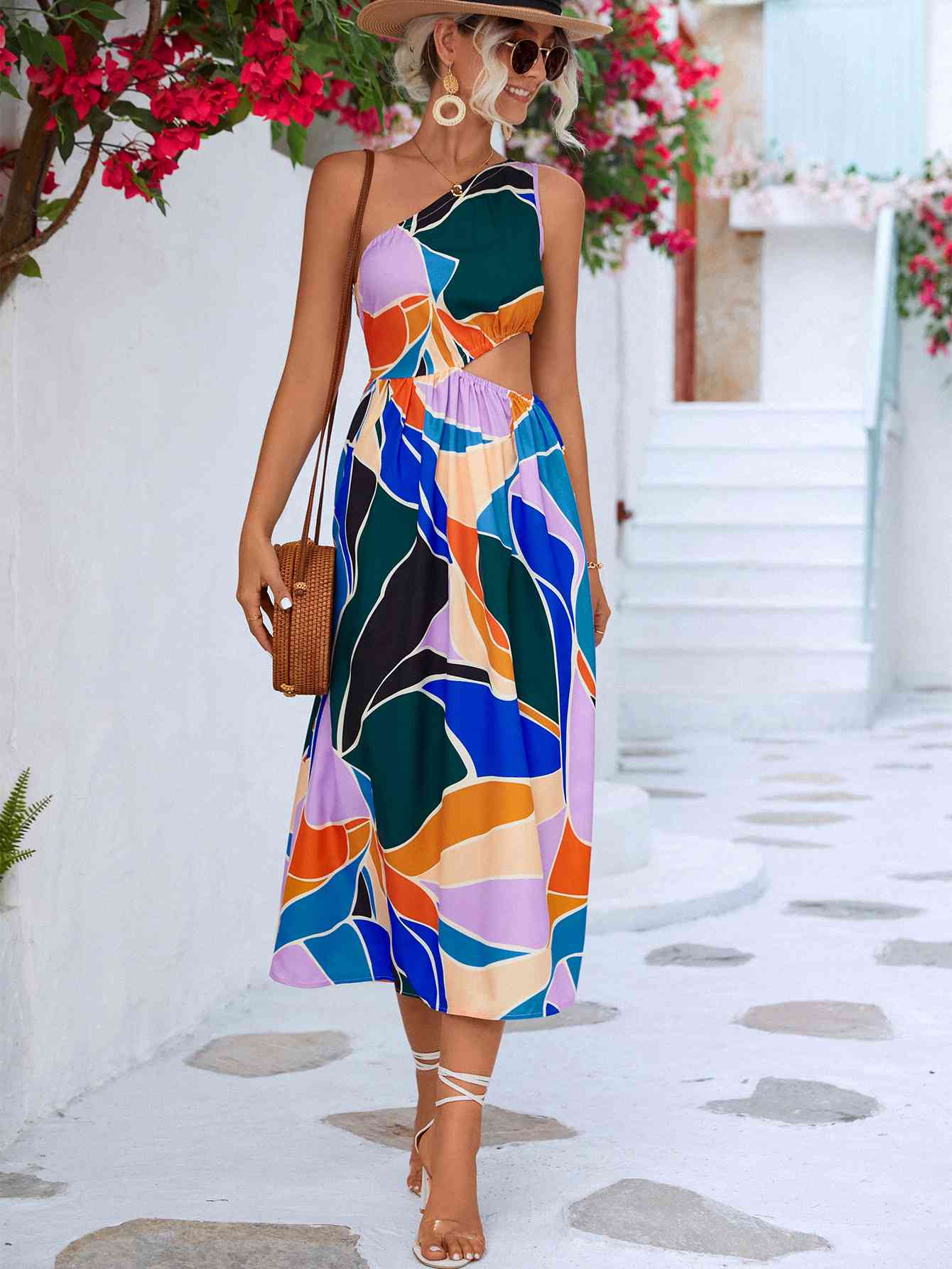 Grayson Printed Cutout One-Shoulder Sleeveless Midi Dress