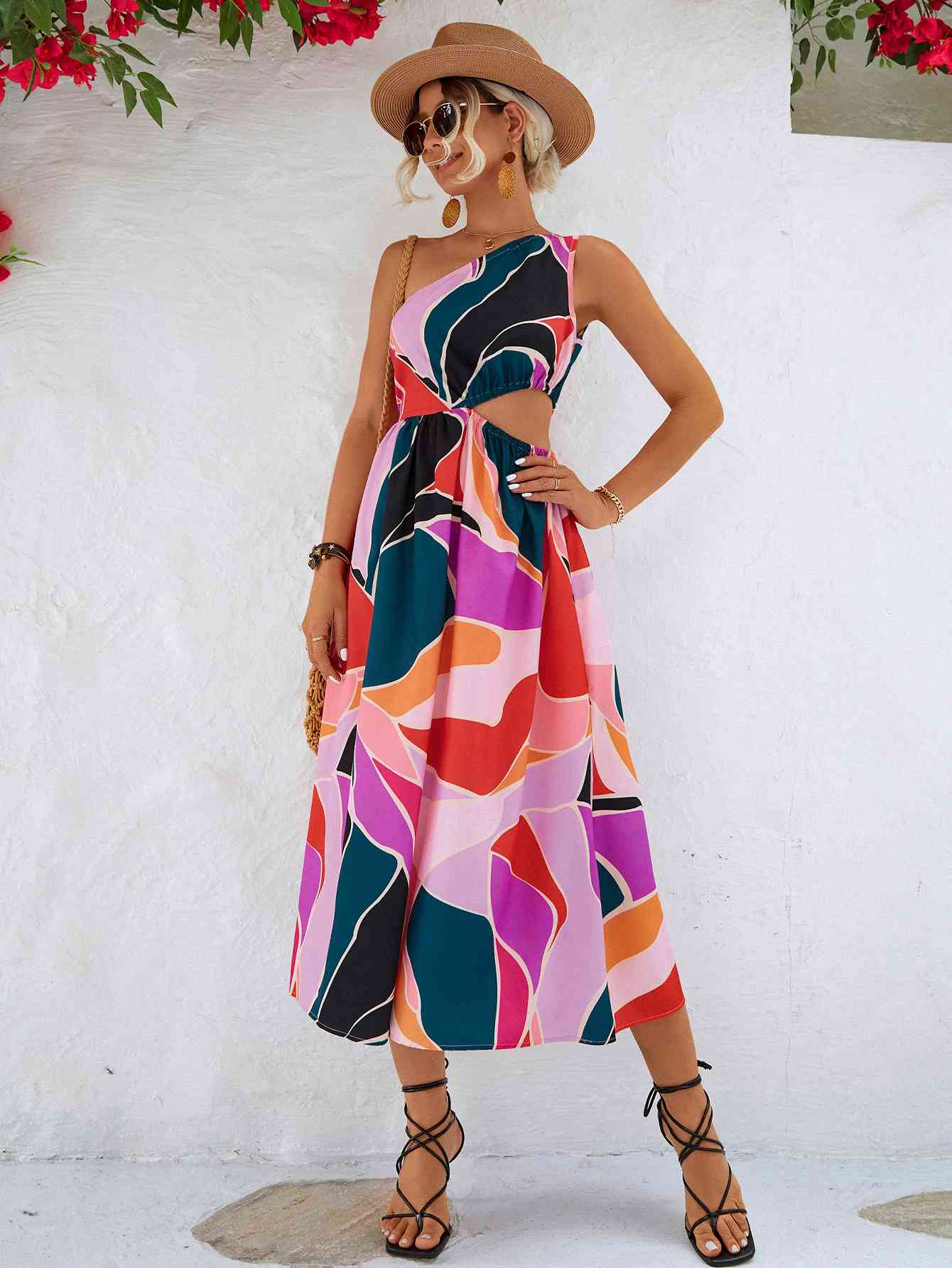 Grayson Printed Cutout One-Shoulder Sleeveless Midi Dress