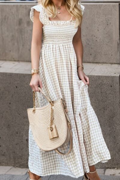 Cordelia Smocked Plaid Ruffle Maxi Dress