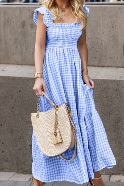 Cordelia Smocked Plaid Ruffle Maxi Dress