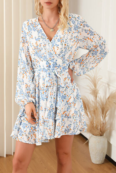 Kaitlin Printed Surplice Balloon Sleeve Mini Dress