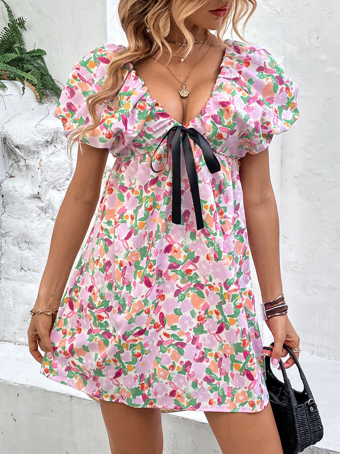 Printed V-Neck Puff Sleeve Mini Dress with Bow