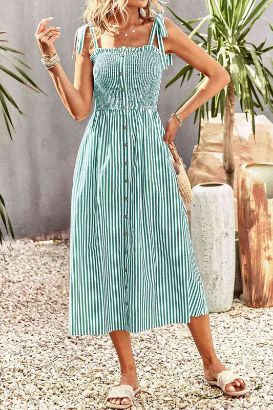 The Maggie Smocked Tie Strap Striped Midi Dress