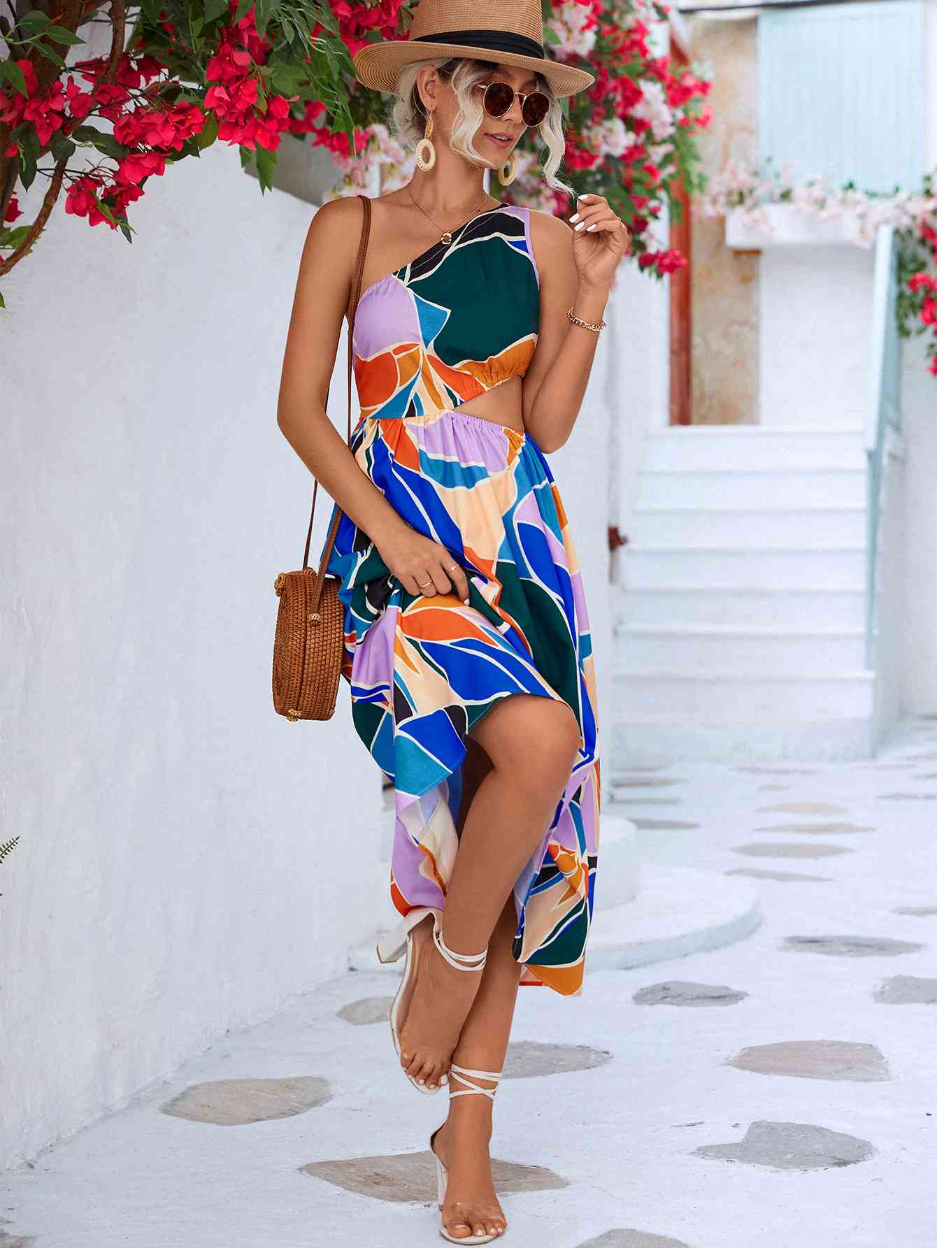 Grayson Printed Cutout One-Shoulder Sleeveless Midi Dress