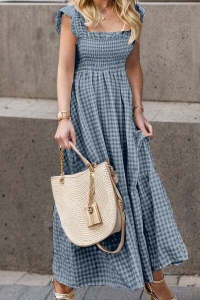 Cordelia Smocked Plaid Ruffle Maxi Dress