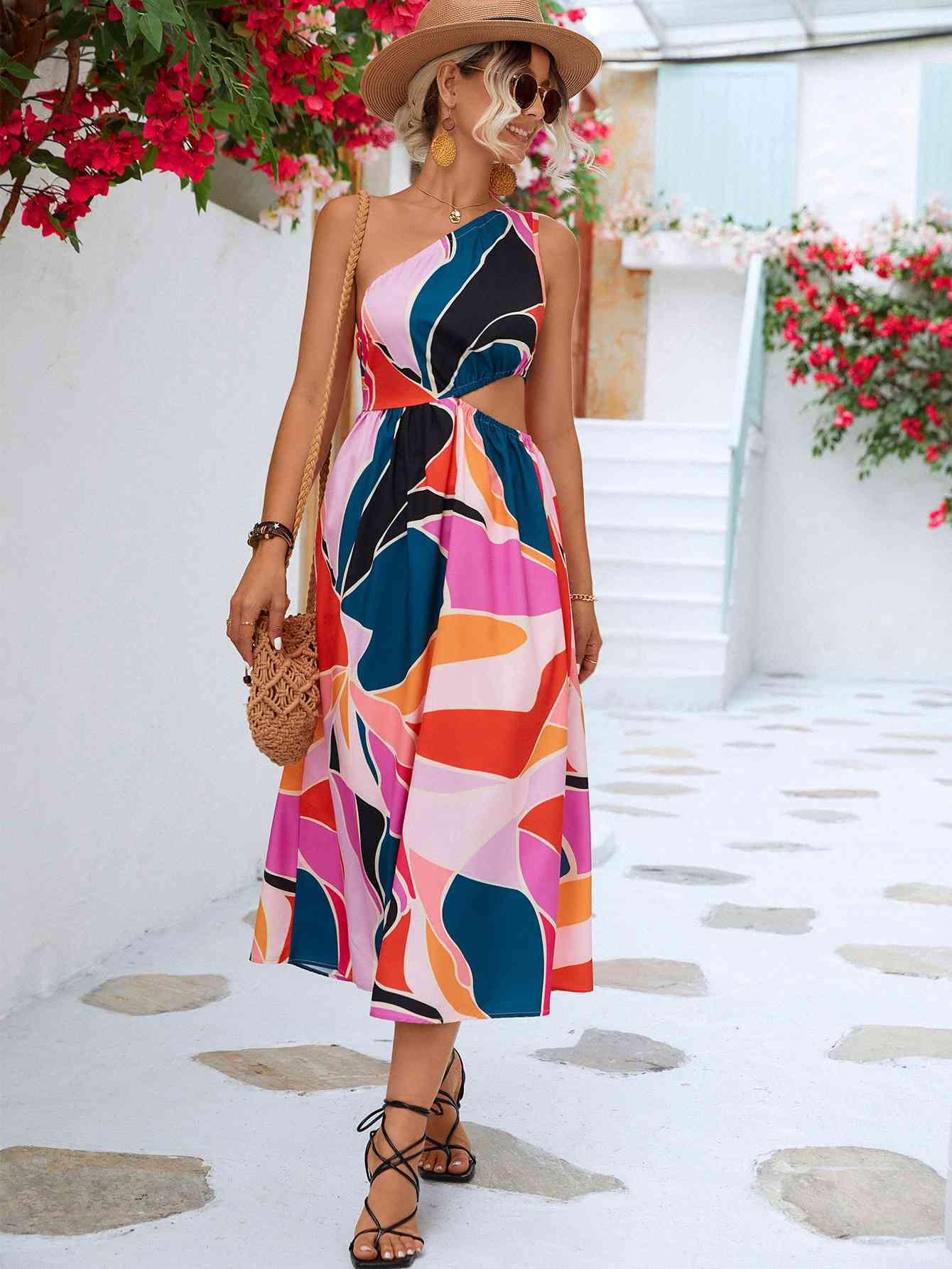 Grayson Printed Cutout One-Shoulder Sleeveless Midi Dress